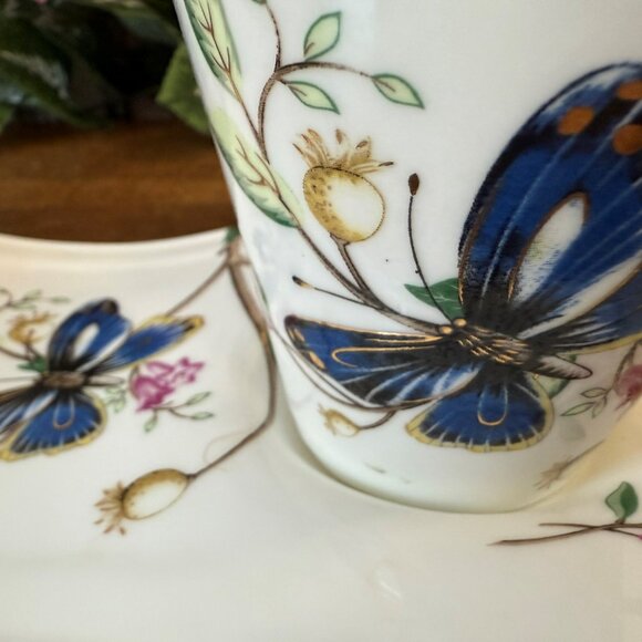 Adeline Butterfly Tea Cup‎ Snack Plate Floral Blue Gold Trim England Design - Picture 5 of 7